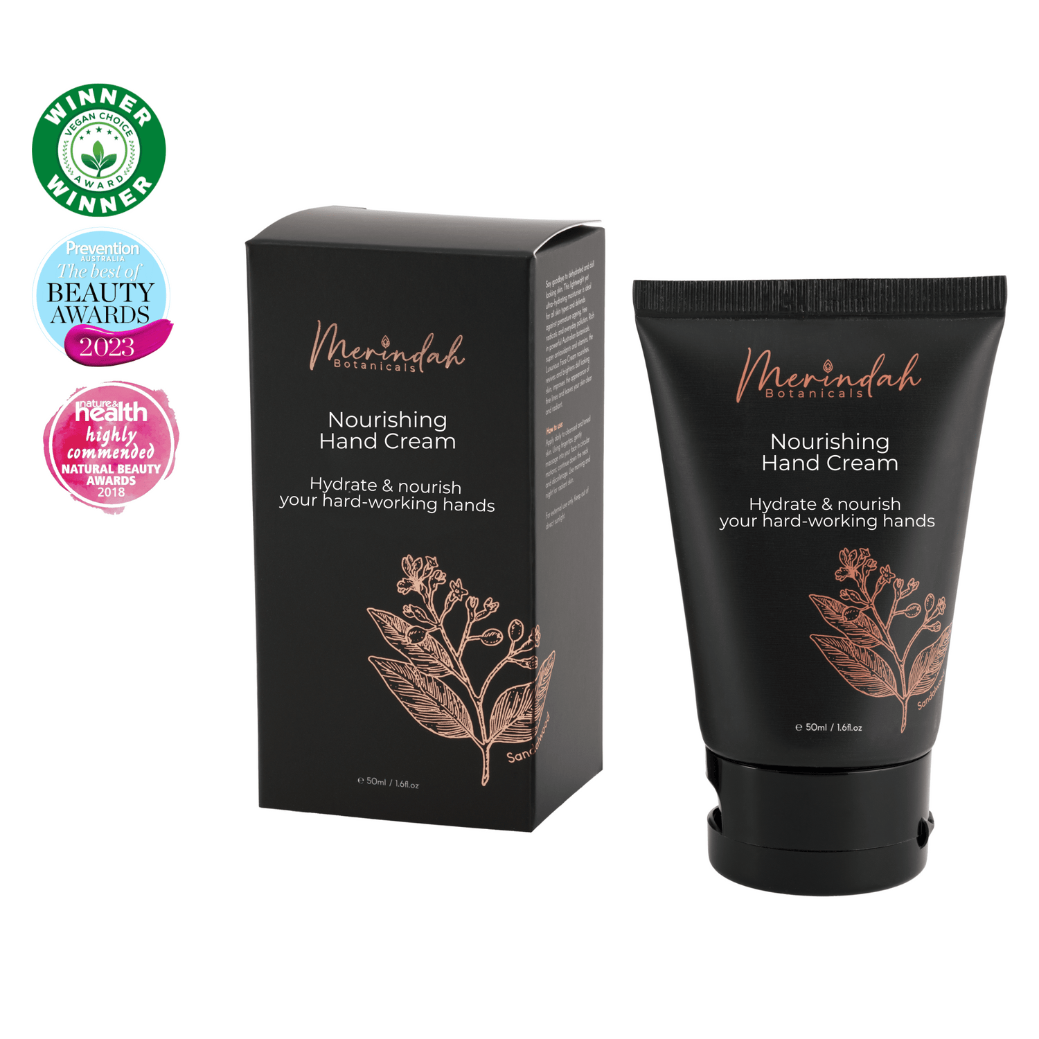 A black box and tube of Merindah Botanicals hand cream on white background with 3 award logos.