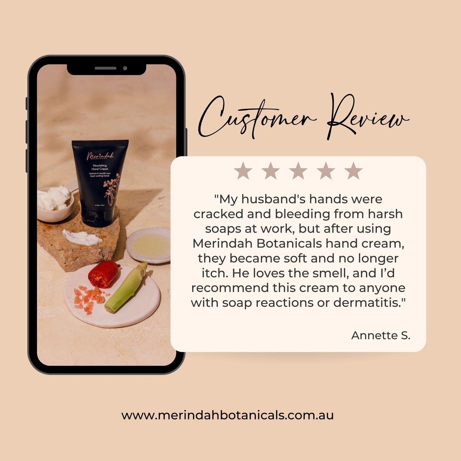 A customer testimonial of Merindah Botanicals non greasy hand cream with an image of a black tube in a styled image with caviar lime and lemongrass on a small ceramic tray.