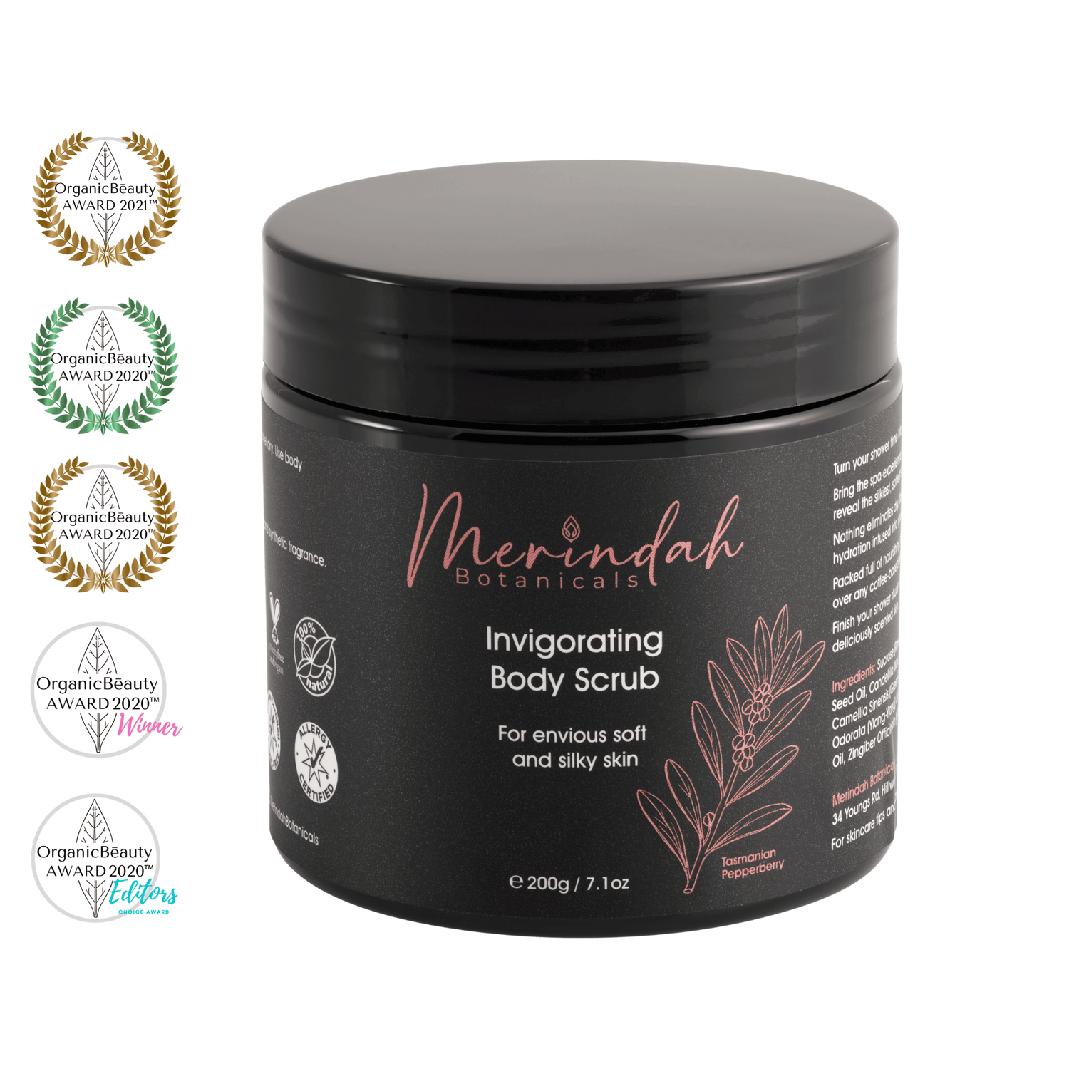 A 200g black jar of Merindah Botanicals&