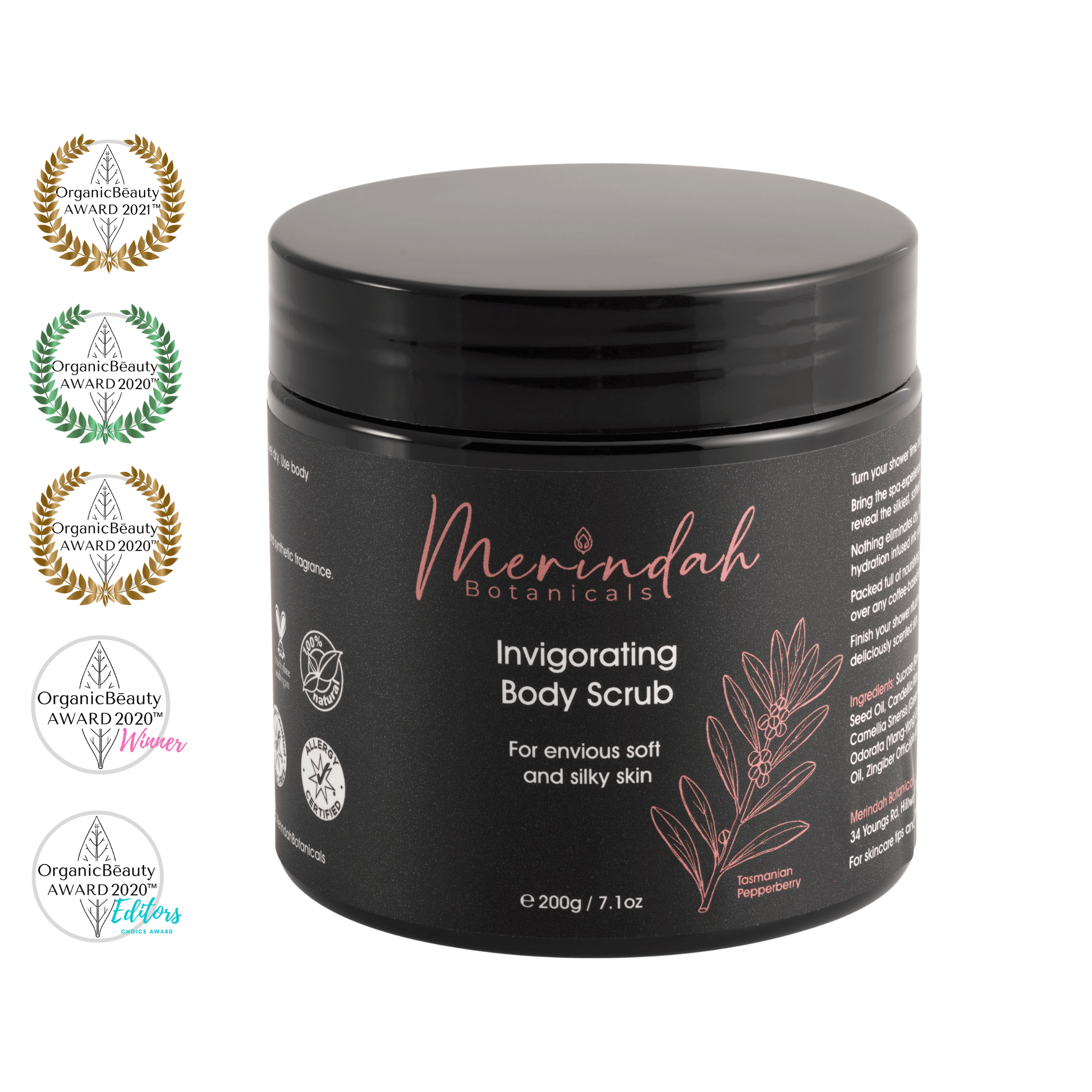 A 200g black jar of Merindah Botanicals&