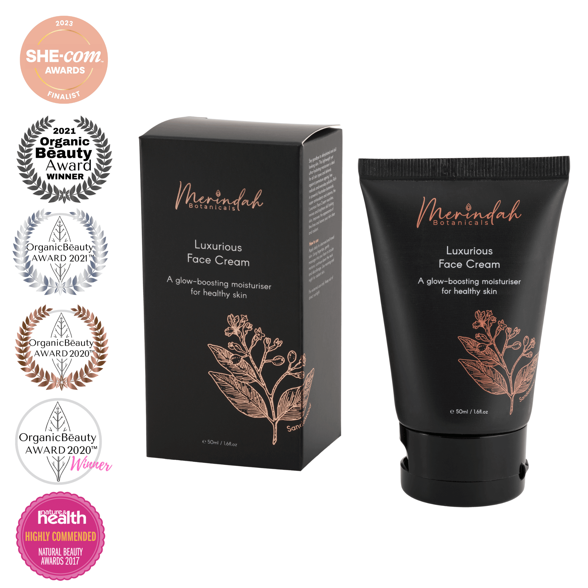 A tube and box of the "Essential Beauty Pack" from Merindah Botanicals, featuring botanical artwork, highlights natural ingredients. The image includes several award badges showcasing its acclaim in beauty and health categories from 2017 to 2023.