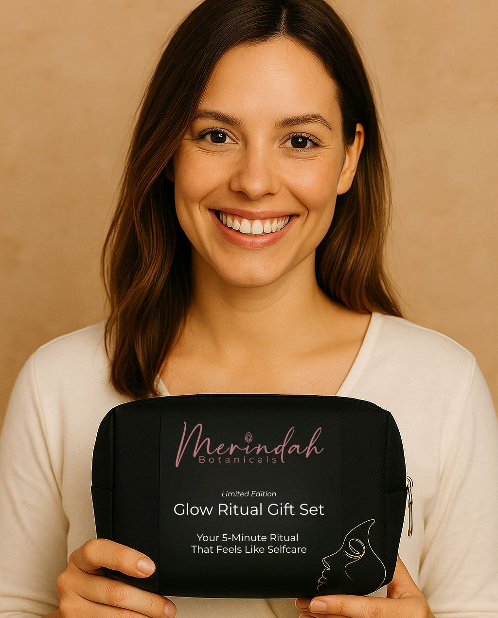 Woman holding a 'Merindah Glow Ritual Gift Set' against a beige background