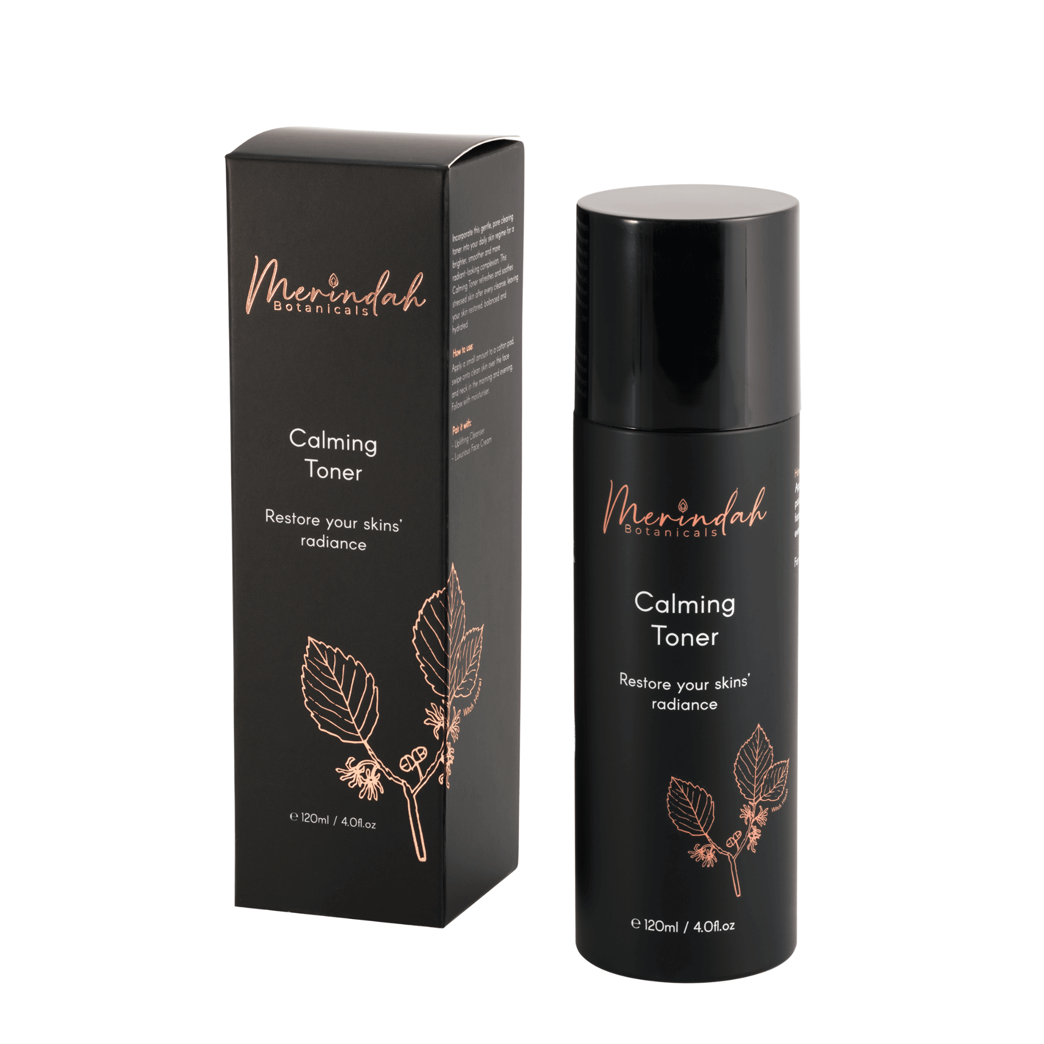 A black bottle and black box featuring an illustration of the witch hazel plant and shows Merindah Botanicals Calming Toner