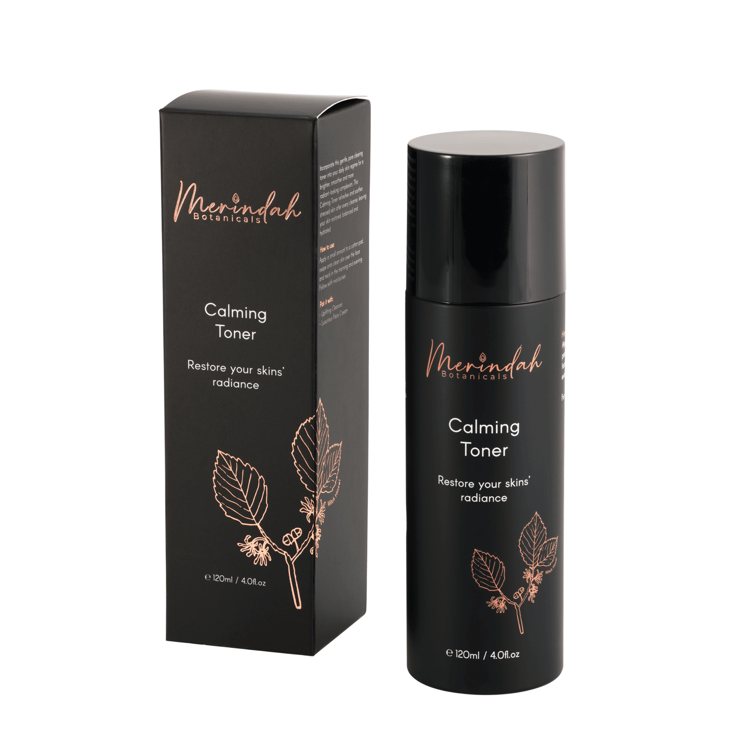 A black bottle labeled "Essential Beauty Pack" with botanical illustrations, featuring natural ingredients, is displayed next to a matching box. The text reads "Restore your skin&