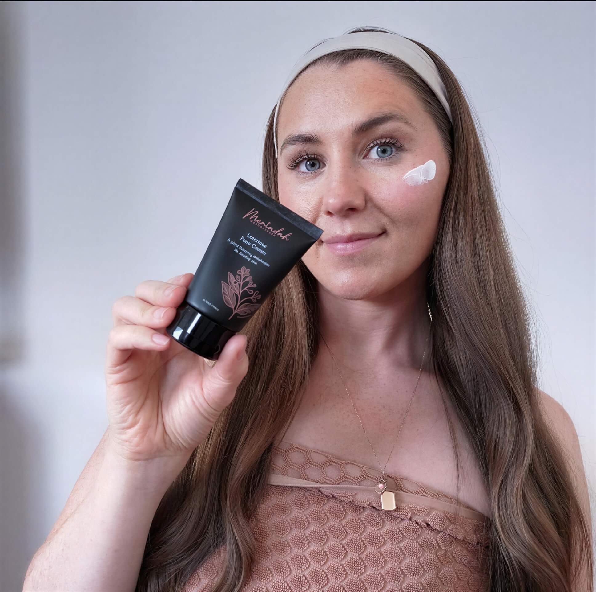 Woman holding a skincare product from skincare brand Merindah Botanials, against a plain background