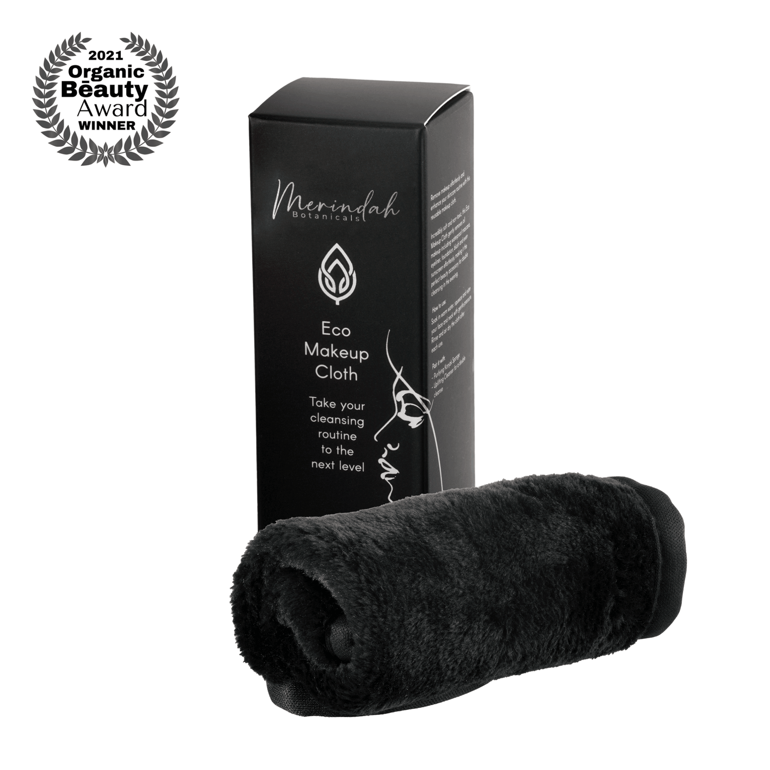 Eco Makeup Cloth rolled up beside its packaging box — a reusable makeup remover cloth for gentle daily cleansing.