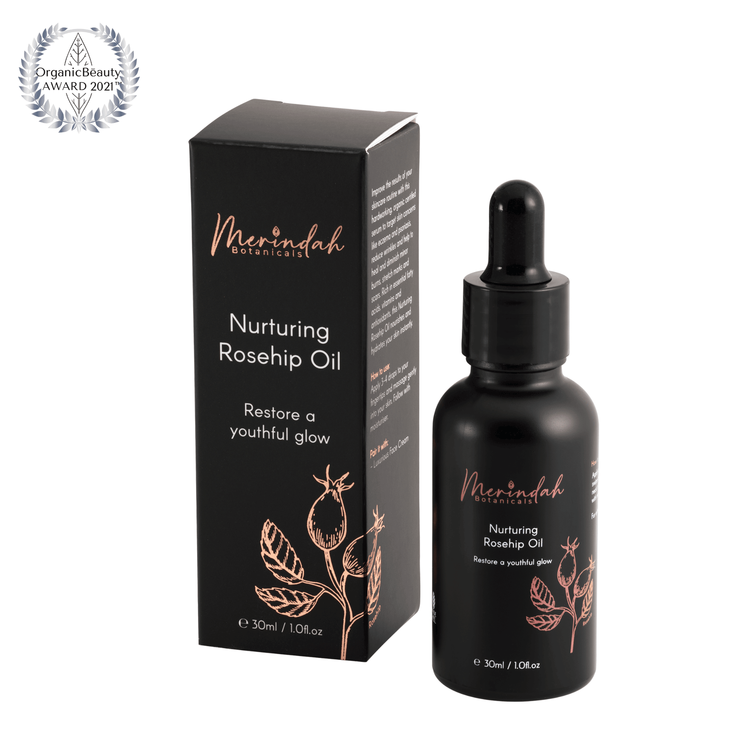Merindah Botanicals Nurturing Rosehip Oil bottle and box on white background
