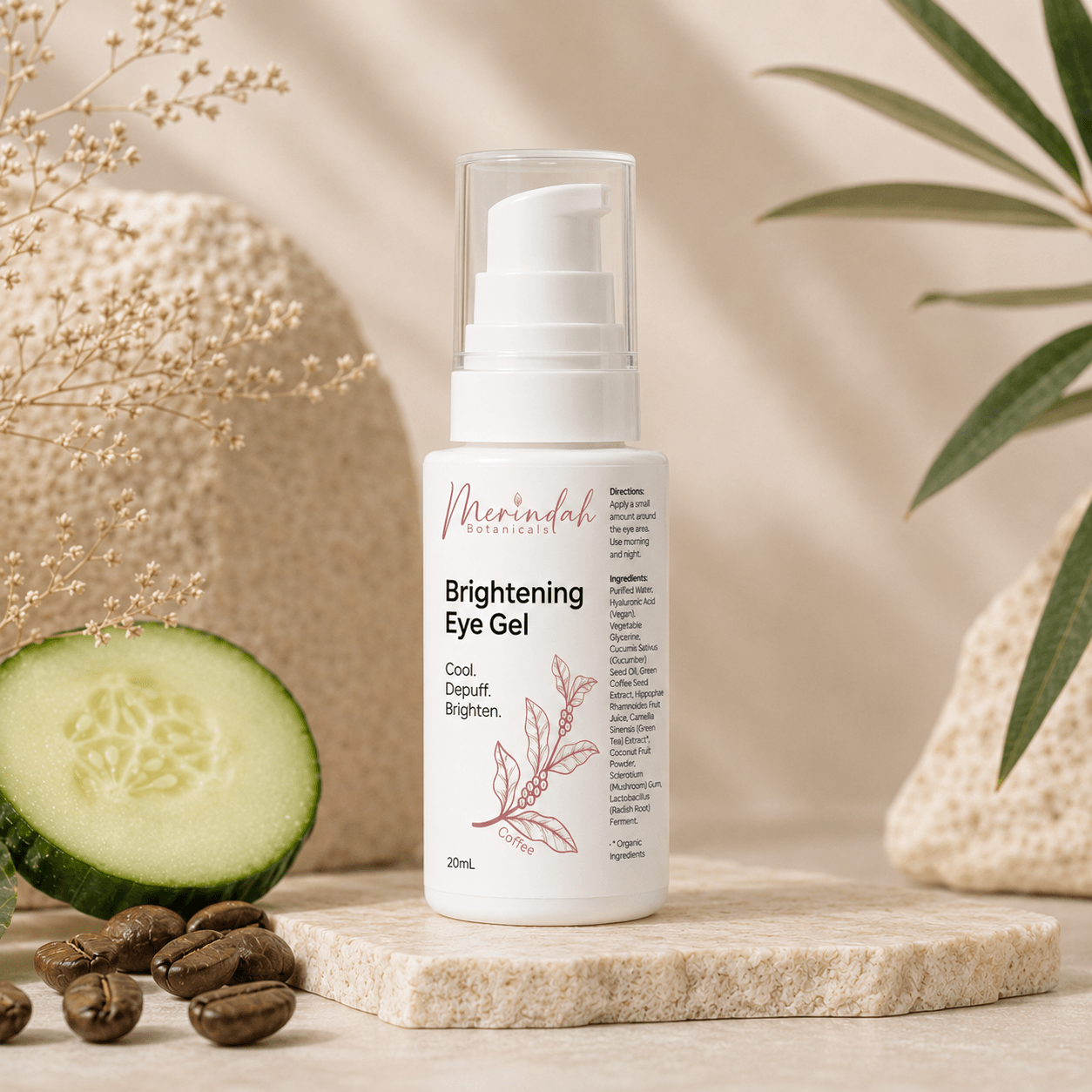 Merindah Brightening Eye Gel bottle with grapes and leaves on a neutral background