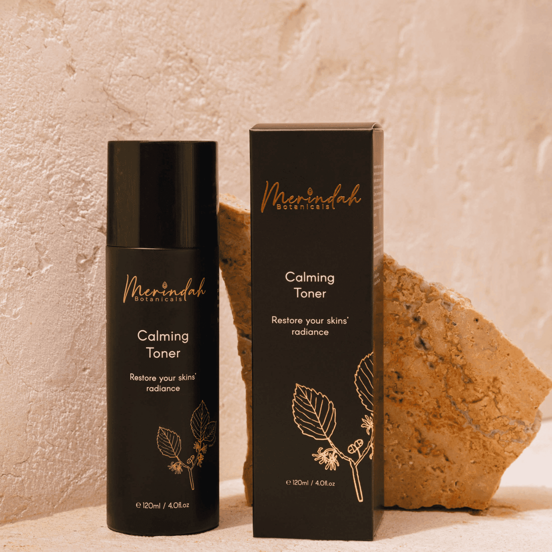 Calming facial toner bottle with packaging