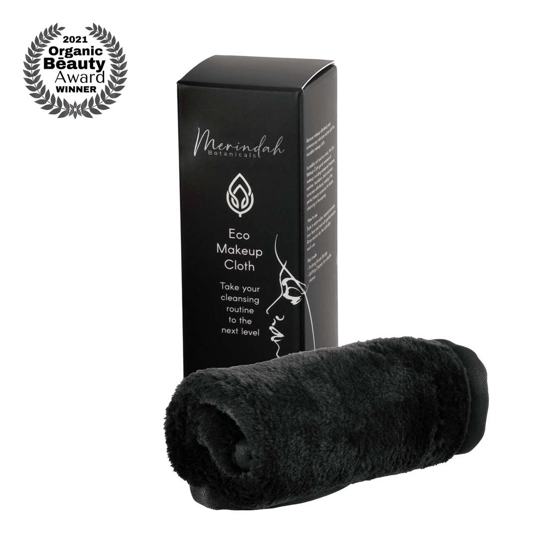 Eco Makeup Cloth rolled up beside its packaging box — a reusable makeup remover cloth for gentle daily cleansing.